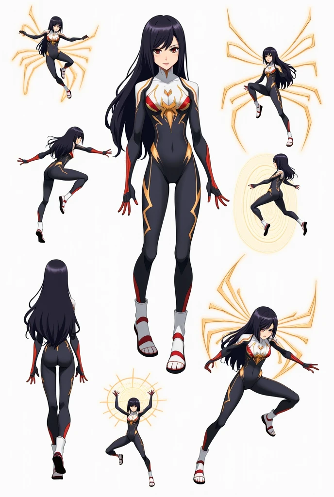 Generate a reference sheet of a girl with a powerful spider type quirk in my hero academia, flat colors, simple colors