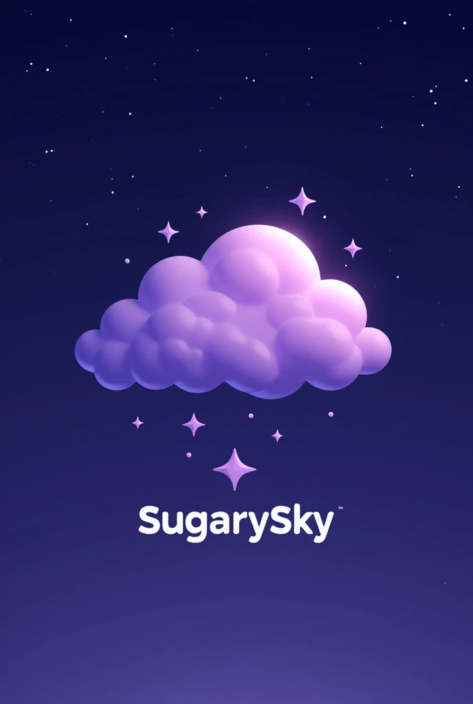 Logo of a single purple cloud, the cloud slightly deformed with a starry sky, Below the cloud the logo name which is SugarySky that looks striking and representative