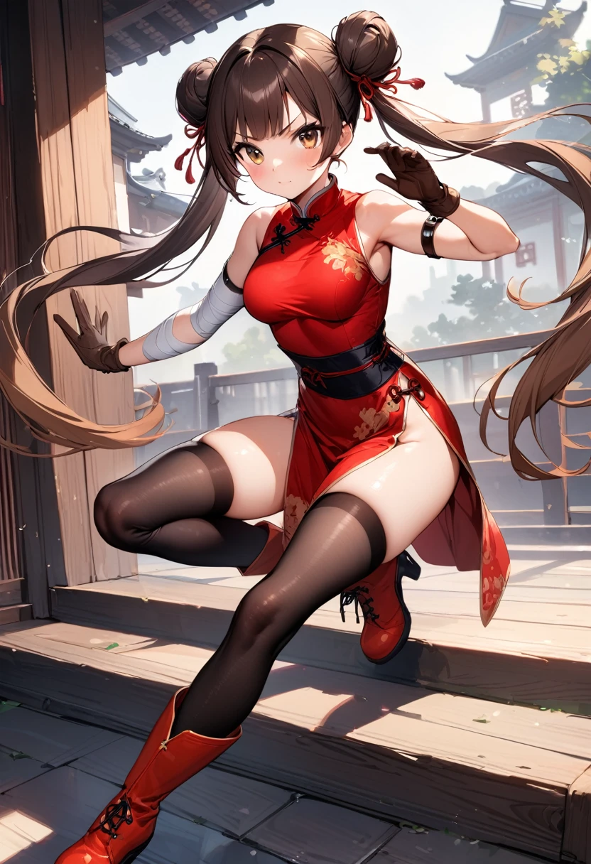 (masterpiece),(best quality),(ultra-detailed),(best illustration),(best shadow),(absurdres),(detailed background),(very aesthetic), 1girl, solo, thighhighs, chinese-clothes, gloves, very-long-hair, dress, hair-bun, twintails, china-dress, red-dress, double-bun, black-thighhighs, brown-hair, brown-eyes, full-body, red-footwear, pelvic-curtain, looking-at-viewer, bandages, blush, standing, breasts, bangs, armlet, sleeveless, fighting-stance, sleeveless-dress, brown-gloves, bare-shoulders, v-shaped-eyebrows, bandaged-arm, side-slit, leg-up, medium-breasts, gradient-hair, boots, ankle-boots, floating-hair, closed-mouth, simple-background, hand-up, blunt-bangs, sash
