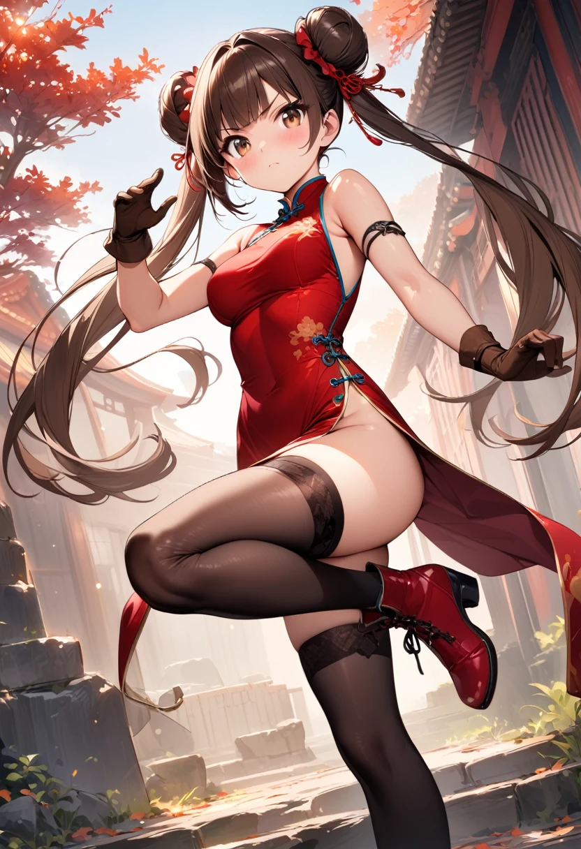 (masterpiece),(best quality),(ultra-detailed),(best illustration),(best shadow),(absurdres),(detailed background),(very aesthetic), 1girl, solo, thighhighs, chinese-clothes, gloves, very-long-hair, dress, hair-bun, twintails, china-dress, red-dress, double-bun, black-thighhighs, brown-hair, brown-eyes, full-body, red-footwear, pelvic-curtain, looking-at-viewer, bandages, blush, standing, breasts, bangs, armlet, sleeveless, fighting-stance, sleeveless-dress, brown-gloves, bare-shoulders, v-shaped-eyebrows, bandaged-arm, side-slit, leg-up, medium-breasts, gradient-hair, boots, ankle-boots, floating-hair, closed-mouth, simple-background, hand-up, blunt-bangs, sash