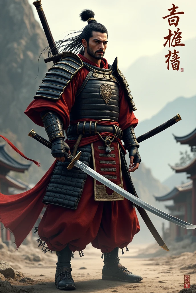 A Samurai warrior, holding a halberd in one hand and a katana on his back, around 30 years old