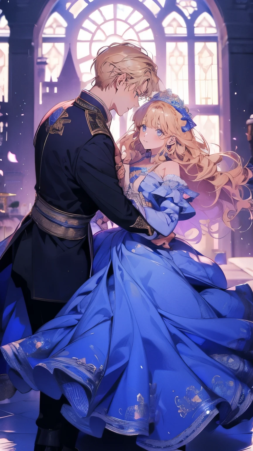 Princess、Prince、Blonde、Blue long dress、Dance、Castle、smile