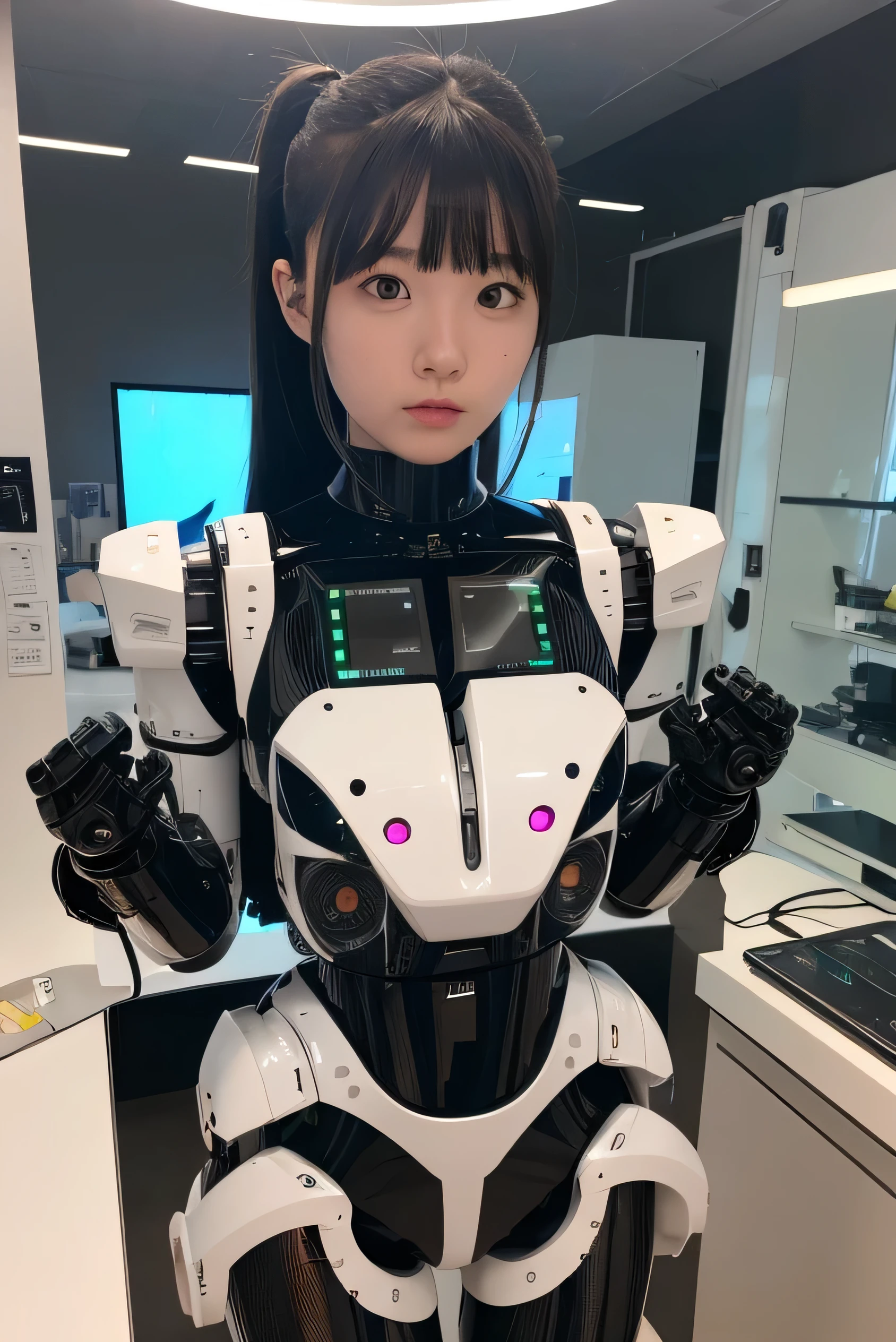 masutepiece, Best Quality, Extremely detailed, 8K Portrait,1girl in, japanese android girl,android teacher,Plump , control panels,android,Droid,Mechanical Hand, ,Robot arms and legs, Black hair,Mechanical body,Blunt bangs,White Robotics Parts,perfect robot woman,Charging spot,Long Tube,A thick cable was connected to his neck.,ceramic body ,android,robot humanoid,Slightly Chubby,pantiy,complete eyes,Perfect machine body,White robot body,plants of the future,White and black uniform,pink accent costume,she repaired,clothes with a sense of mechanical technology,Robot Factory,black sponge joint,loose boots,rolling eyes
