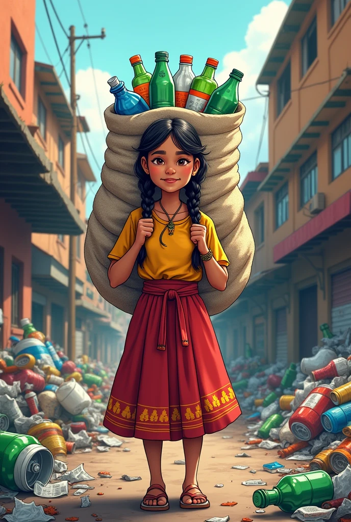 adult person wearing an Aymara skirt with two braids, head on, and with recycling tools on a dangerous street in Bolivia full of nightclubs collecting recyclable material carrying a huge bag on their backs wrapped in a sack with typical designs full of the same (Bottles, cans, papers) uses a cartoonish book illustration style 