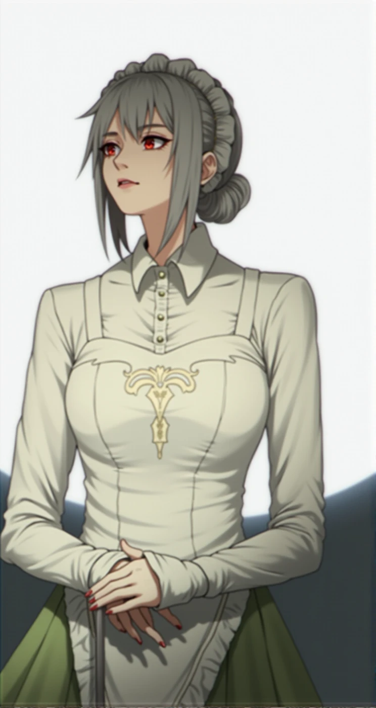 Mikasa Ackerman Mikasa Ackerman | Attack on Titan | Mappa, large breasts, white background ,white headwear, collared shirt, white shirt, expressive eyes, innocent happy look,red lips, seductive ,(Beautiful,large_Breasts:1.4)