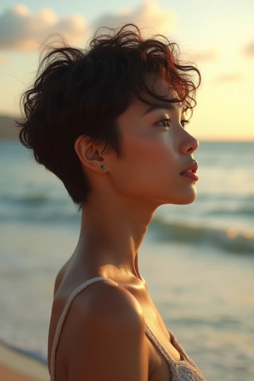 woman with short curly hair,looking at the calm sea,Okinawa landscape,beautiful detailed eyes,beautiful detailed lips,extremely detailed eyes and face,long eyelashes,cinematic angle,vibrant colors,ultra-detailed,high resolution,8k,photorealistic,masterpiece,professional lighting,dramatic lighting,golden hour,mist,warm atmosphere,serene,peaceful,calming,beautiful sky,clouds,natural environment,realistic ocean waves,sandy beach