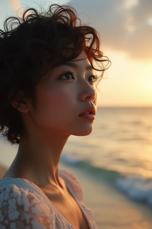 woman with short curly hair,looking at the calm sea,Okinawa landscape,beautiful detailed eyes,beautiful detailed lips,extremely detailed eyes and face,long eyelashes,cinematic angle,vibrant colors,ultra-detailed,high resolution,8k,photorealistic,masterpiece,professional lighting,dramatic lighting,golden hour,mist,warm atmosphere,serene,peaceful,calming,beautiful sky,clouds,natural environment,realistic ocean waves,sandy beach