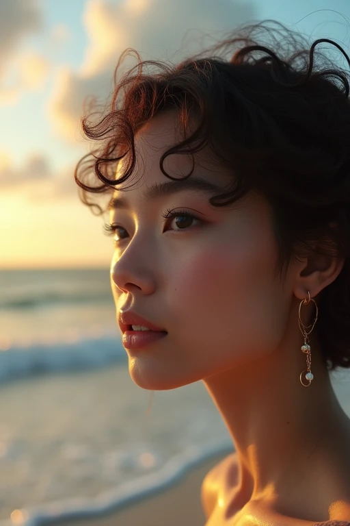 woman with short curly hair,looking at the calm sea,Okinawa landscape,beautiful detailed eyes,beautiful detailed lips,extremely detailed eyes and face,long eyelashes,cinematic angle,vibrant colors,ultra-detailed,high resolution,8k,photorealistic,masterpiece,professional lighting,dramatic lighting,golden hour,mist,warm atmosphere,serene,peaceful,calming,beautiful sky,clouds,natural environment,realistic ocean waves,sandy beach