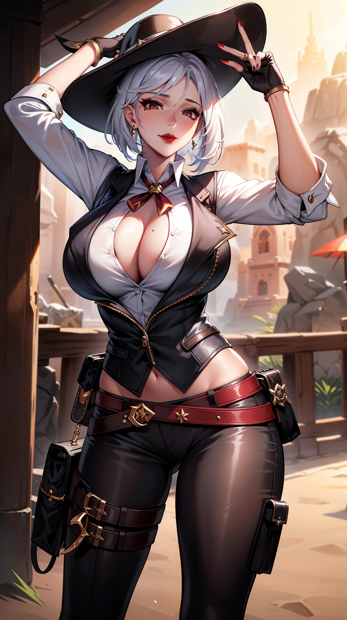 AsheOver, 1girl, summer hat, solo, hat, makeup, overwatch , Ashe , mole above mouth, gloves, lipstick, red lips, fingerless gloves, mole, earrings, jewelry, huge breasts, white hair, looking at viewer, gun, cowboy shot, eyeshadow, red eyes, belt, arm up, short hair, shirt, weapon, beach , holster, standing, nail polish, white shirt, vest, black gloves, lips, masterpiece), best quality, expressive eyes, Beautiful FingerBeautiful body,Beautiful Nose,Beautiful character design, perfect eyes, perfect face,  
NSFW,official art,extremely detailed CG unity 8k wallpaper, perfect lighting,Colorful, Bright_Front_face_Lighting,
(masterpiece:1.0),(best_quality:1.0), ultra high res,4K,ultra-detailed,
photography, 8K, HDR, highres, absurdres:1.2, Kodak portra 400, film grain  

smile closed mouth earrings locking at viewer