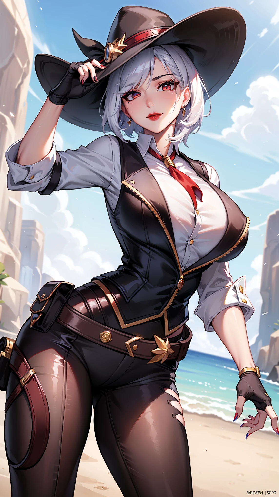 AsheOver, 1girl, summer hat, solo, hat, makeup, overwatch , Ashe , mole above mouth, gloves, lipstick, red lips, fingerless gloves, mole, earrings, jewelry, huge breasts, white hair, looking at viewer, gun, cowboy shot, eyeshadow, red eyes, belt, arm up, short hair, shirt, weapon, beach , holster, standing, nail polish, white shirt, vest, black gloves, lips, masterpiece), best quality, expressive eyes, Beautiful FingerBeautiful body,Beautiful Nose,Beautiful character design, perfect eyes, perfect face,
NSFW,official art,extremely detailed CG unity 8k wallpaper, perfect lighting,Colorful, Bright_Front_face_Lighting,
(masterpiece:1.0),(best_quality:1.0), ultra high res,4K,ultra-detailed,
photography, 8K, HDR, highres, absurdres:1.2, Kodak portra 400, film grain
smile closed mouth earrings locking at viewer