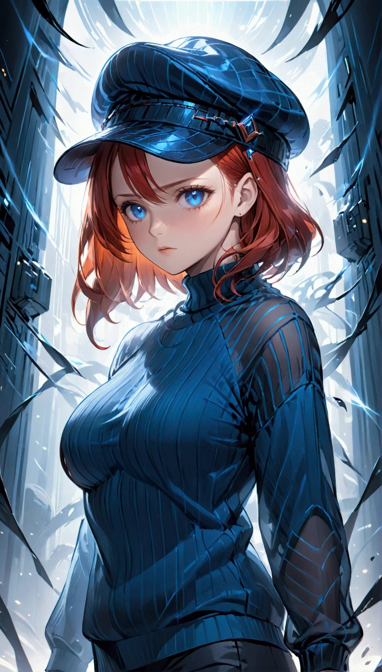 Woman, breasts big, redheadwear, blue colored eyes, sheer sweater, small chin  