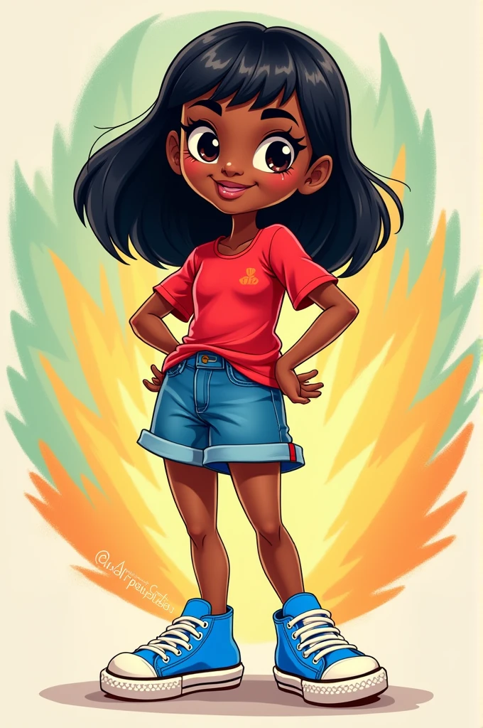 A fun black cartoon character with dark brown eyes, straight black hair, denim shorts and a red blouse with blue All Star sneakers 


