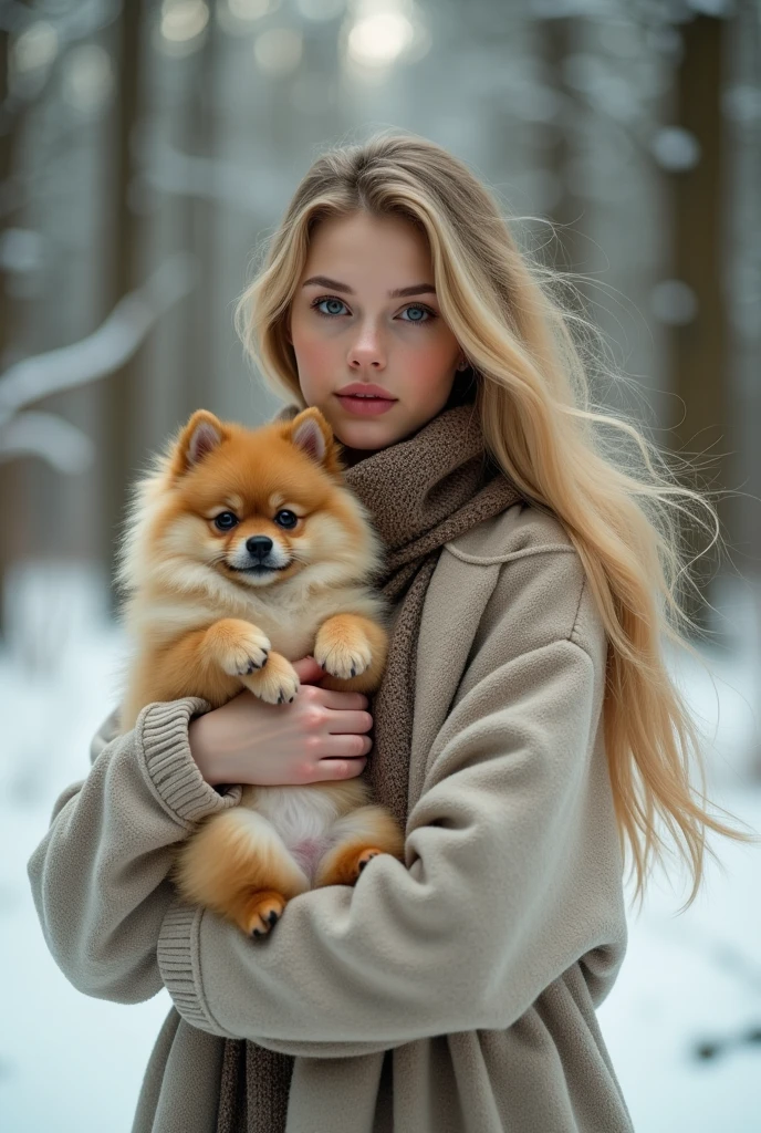 a beautiful girl with long blonde hair, detailed eyes, nose, and lips, in the snow with a pomeranian in her arms, a woman who looks like alisha lehmann, realistic, (best quality,4k,8k,highres,masterpiece:1.2),ultra-detailed,(realistic,photorealistic,photo-realistic:1.37),detailed facial features, beautiful flowing hair, soft skin, snow covered forest background, warm lighting, depth of field, intricate details, cinematic composition, dramatic lighting, muted color palette, atmospheric haze