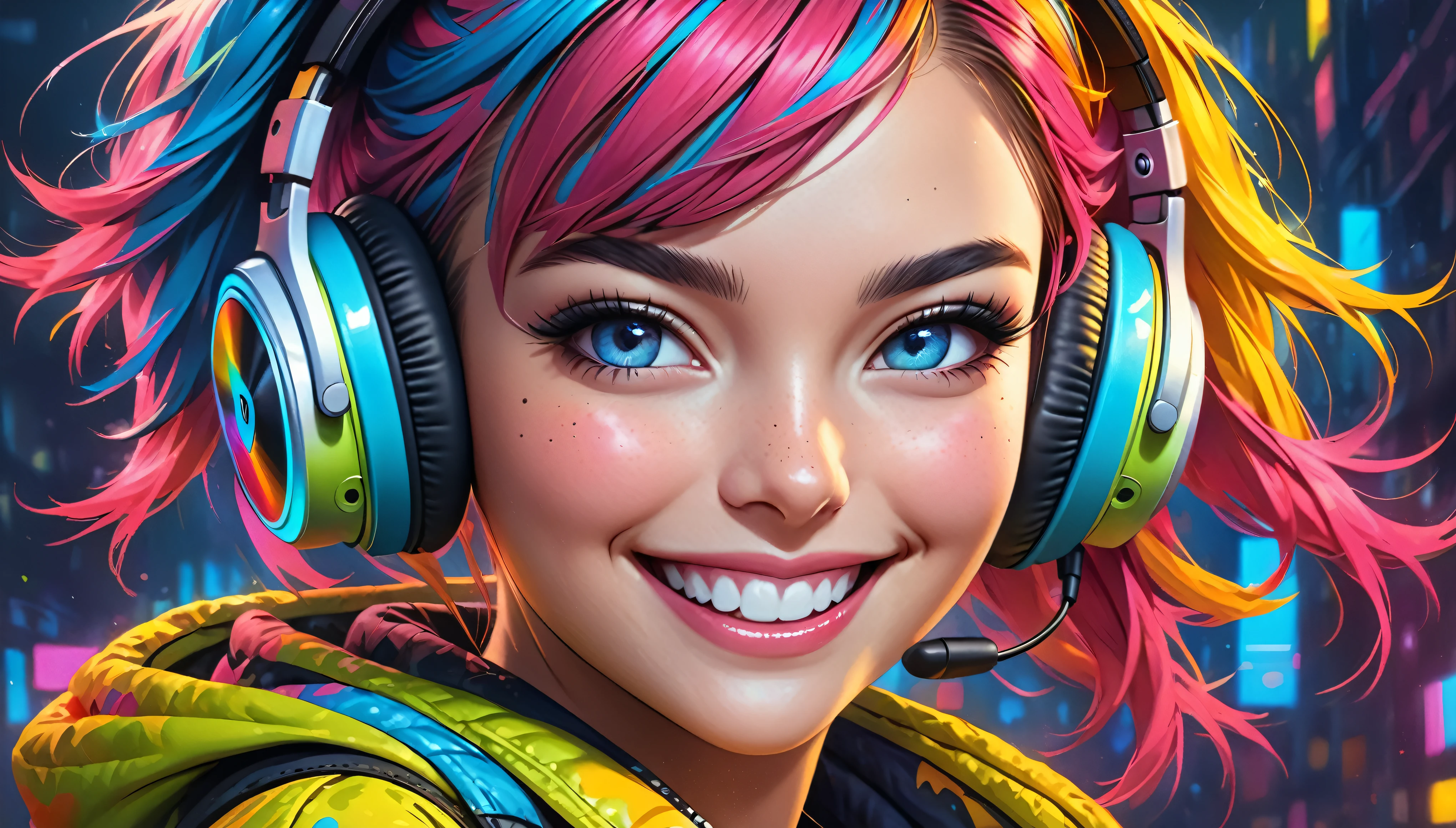 girl with wireless headphones, cheeky grin, colorful, portrait, pop culture, realstic style, realistic skin pores