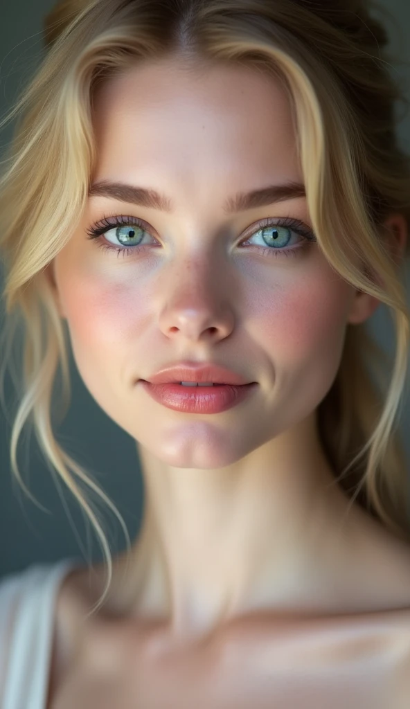 that of a beautiful woman with beautiful blue eyes and perfect white skin, smooth skin without marks, beautiful and perfect and very thick with full and perfect lips, appearing to have a delicate, physiognomy and innocent