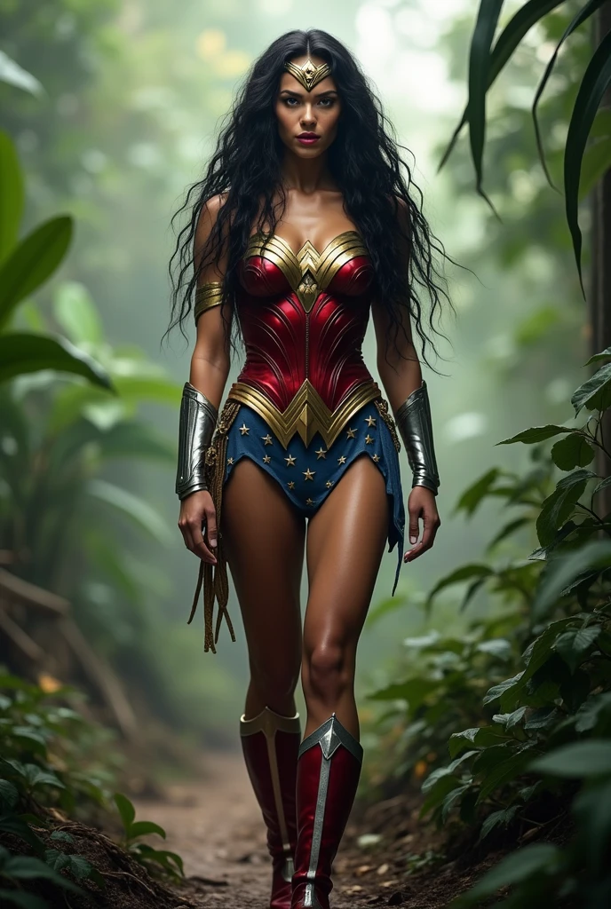 Adriana Lima under the mantle of the Amazon warrior Wonder Woman long black hair Dreadlocks Diaema Wonder Woman on her forehead red corset suit and light blue Legis red boots (((Light blue leggings with red stars corset)))