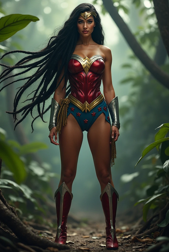 Adriana Lima under the mantle of the Amazon warrior Wonder Woman long black hair Dreadlocks Diaema Wonder Woman on her forehead red corset suit and light blue Legis red boots (((Light blue leggings with red stars corset))) 