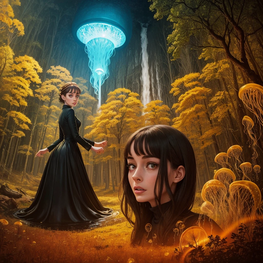 golden hour, paranormal activities, surreal portrait of a beautiful scared young woman with face of Audrey Hepburn morphed with Anne Hathaway screaming running away from taxes and dancing, colorful forrest with weird trees, log palace, gigantic jellyfish ufo producing tornado whirlpool, aqueduct, psyhodelic horror mood, color pencil art in style of zdzisław beksiński