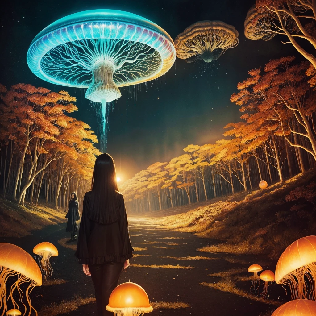 golden hour, paranormal activities, surreal portrait of a beautiful scared young woman with face of Audrey Hepburn morphed with Anne Hathaway screaming running away from taxes and dancing, colorful forrest with weird trees, log palace, gigantic jellyfish ufo producing tornado whirlpool, aqueduct, psyhodelic horror mood, color pencil art in style of zdzisław beksiński