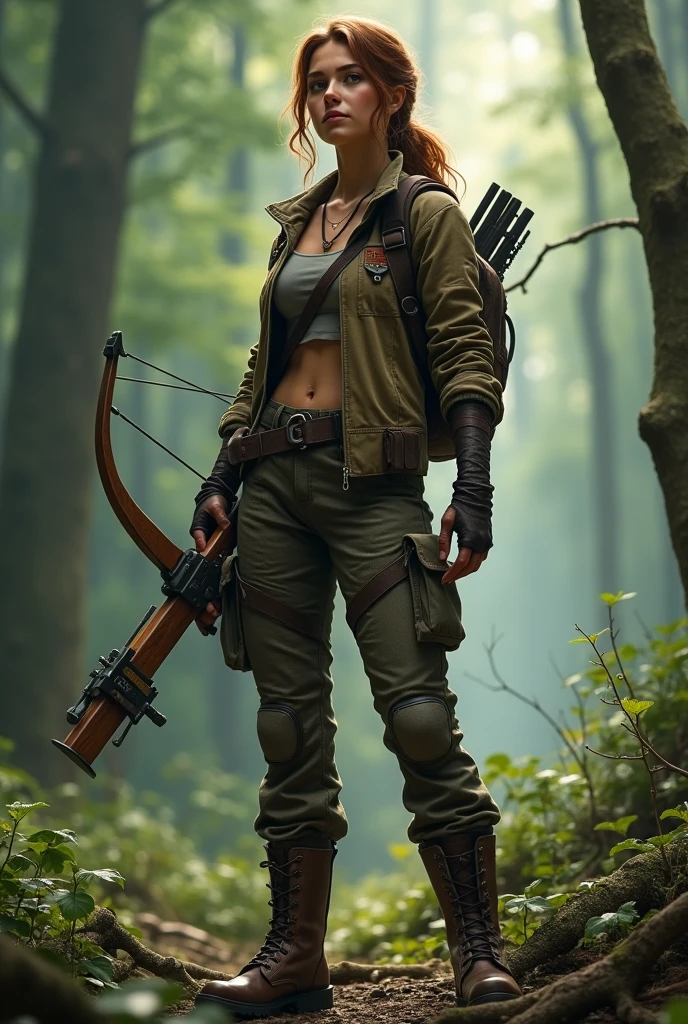Lili Collins is wearing hunter's clothing and a crossbow.