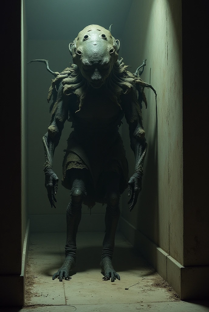 Photography of a sinister and twisted creature lurking in an abandoned, decaying building. The monster's skeletal frame is wrapped in tattered, rotting fabric, with withered limbs and elongated claws. Its eyes glow with a malevolent intensity as it peers out from a dark corner. The environment is filled with broken furniture, peeling wallpaper, and eerie shadows, creating a macabre setting. The composition is a close-up shot, highlighting the monster's grotesque details against the backdrop of decay. The lighting is dim, casting eerie illumination on the haunting scene. This photograph captures the nightmarish presence of a formidable monster haunting forgotten places
