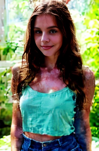 1 girl, , less than 19 years, skinny, tall, brunette, long straight hair, vivid blue eyes, small breasts, small waist, small ass, with freckles, with blue colored dental braces, young looking, cute face, hot body, most beautiful girl ever, full body wide picture, looking deeply at the viewer with a look of innocence yet seductive expression, photo taken on a forest, dressed with Black small shorts revealing most of her legs and almost a bit of her lower ass cheeks, dressed with a small Black tank top revealing almost all her belly, with a cleavage highlighting the small but attractive breasts, overall clothing highlights even further her attractiveness.