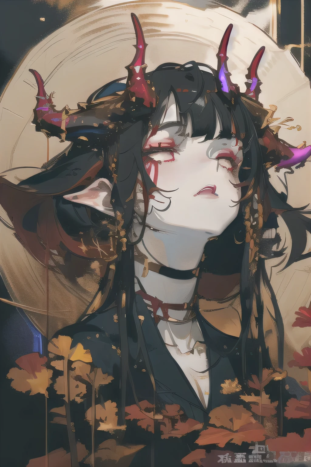 1girl, adult woman,  g0ld3mb, gold, (dark hair, honey hair, multicolored hair) red hair, (cornrows:1.2), [silver hair rings]    high quality, best quality, highres, high detail, (golden aura magic), red hair uplifted, horns