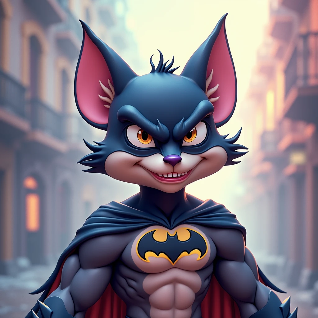 a whimsical caricature of an anthropomorphic Tasmanian Devil wearing a Batman mask, soft pastel colors, ethereal punk atmosphere, Looney Tunes art style, cartoon character, digital art, character design, hyperrealistic, detailed portrait, highly detailed, 4k, 8k, photorealistic, masterpiece, best quality