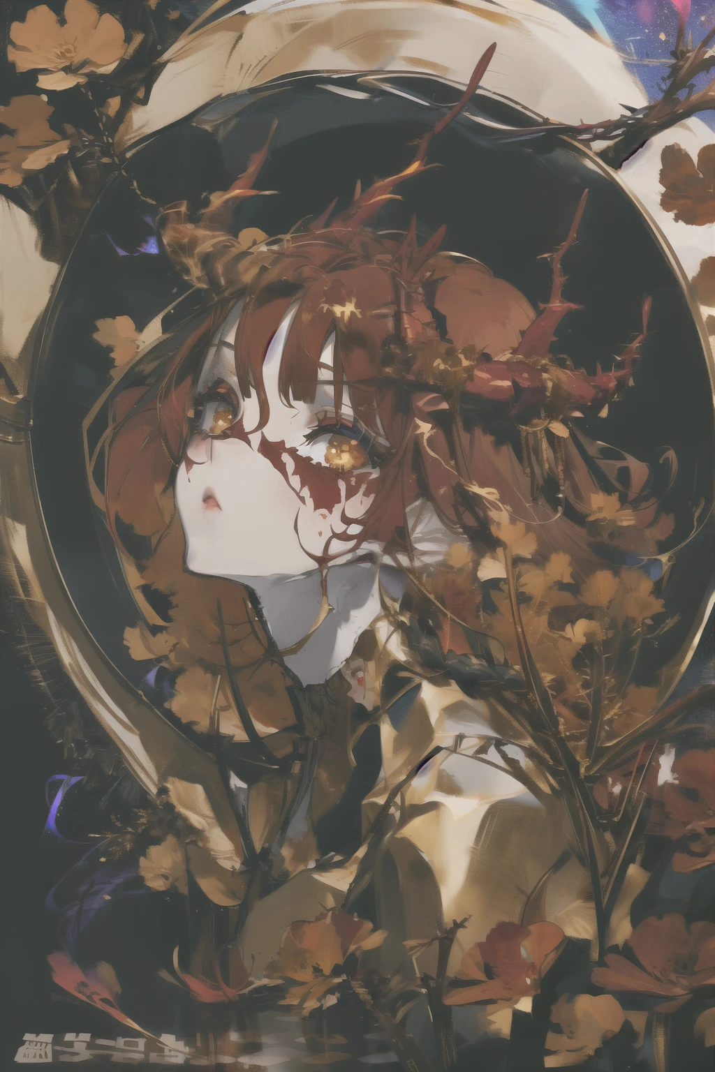 1girl, adult woman,  g0ld3mb, gold, (dark hair, honey hair, multicolored hair) red hair, (cornrows:1.2), [silver hair rings]    high quality, best quality, highres, high detail, (golden aura magic), red hair uplifted, horns