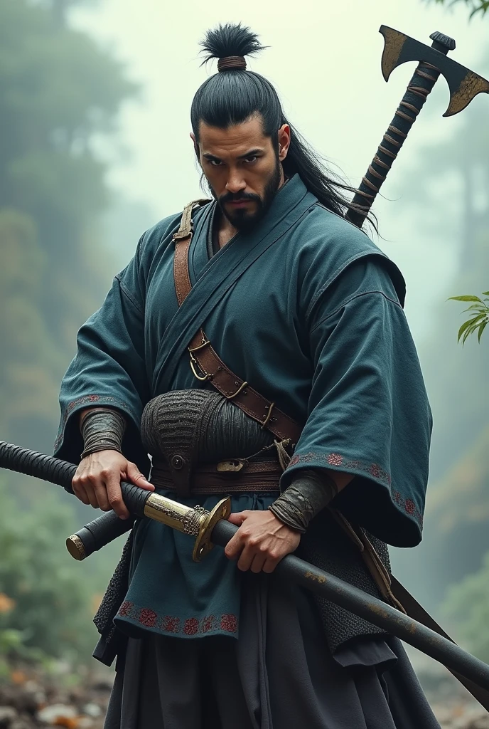 A Samurai warrior, holding a halberd in his hand, and a katana on the back, around 30 years old