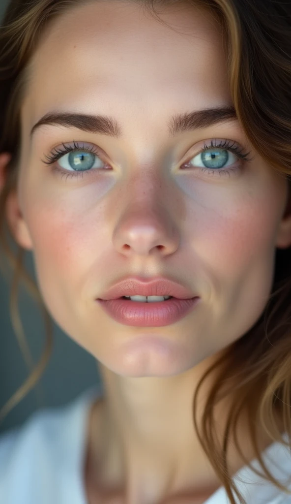 that of a beautiful woman with beautiful blue eyes and perfect white skin, smooth skin without marks, beautiful and perfect and very thick with full and perfect lips, appearing to have a delicate, physiognomy and innocent