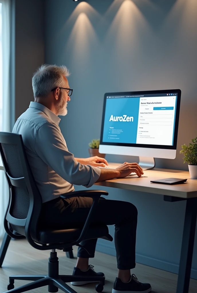 Create a 4D and 4K image where a real person dressed in everyday clothes is using a computer to register on a website, and the screen shows the name AuroZen in large letters, looking as realistic as possible.