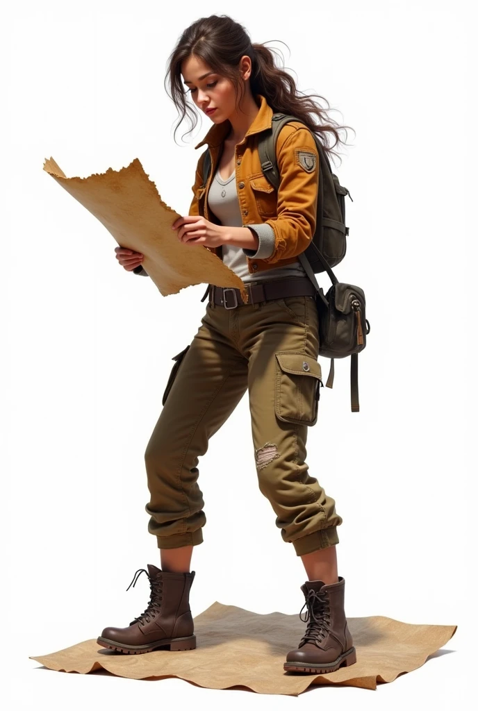 Create an archaeologist wearing treasure-hunting attire against a white background. Make her younger now. Have her looking at a map.