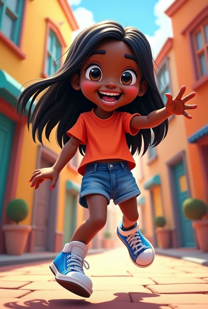 A fun black cartoon character with dark brown eyes, straight black hair, denim shorts and a red blouse with blue All Star sneakers