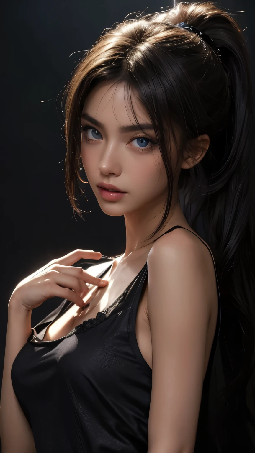 masterpiece, light makeup, messy long hair, super fine details, authentic texture, cinematic lighting realism, 16K, exquisite features, blue eyes, Beautiful Face, glamorous, erect nipples, shiny skin, tanned skin, Black glowing skin, sexy camisole, T-back, bright big eyes, smooth skin, ((Dark background)), pony tail, bangs