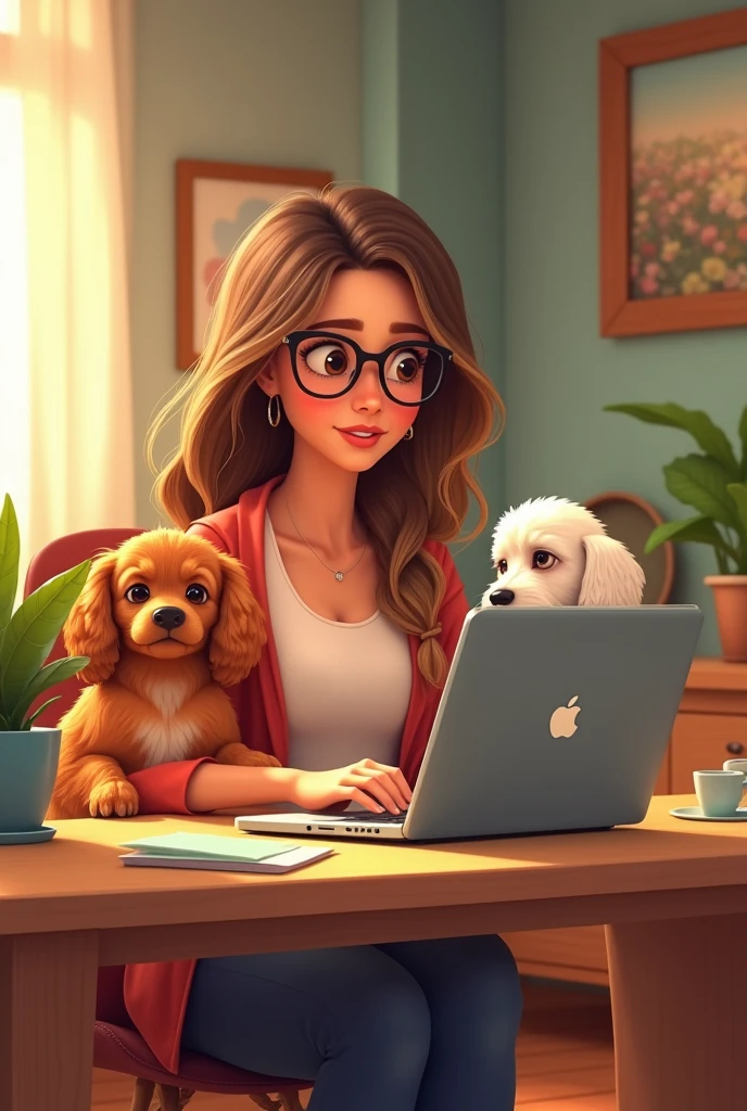 Create an image of a Colombian woman with long, light brown hair with blonde highlights, con brackets, working from a laptop in her room at a desk, behind her a honey-colored cocker spaniel and another white Schnauzer dog as a Pixar cartoon.
