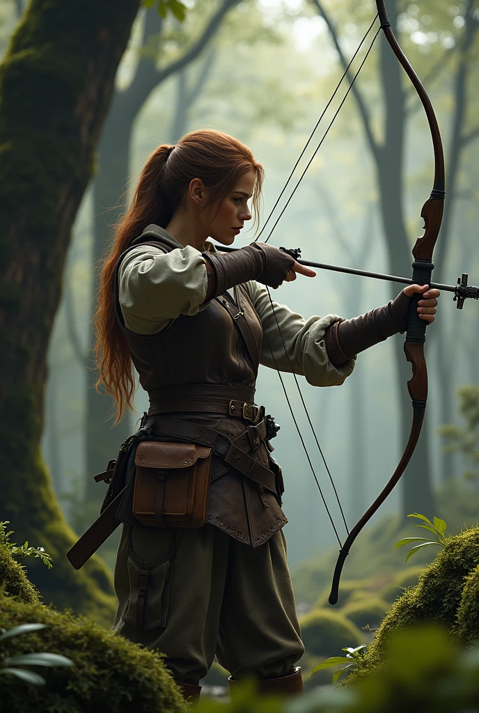 Lili Collins has a medieval hunter's outfit and a crossbow.
