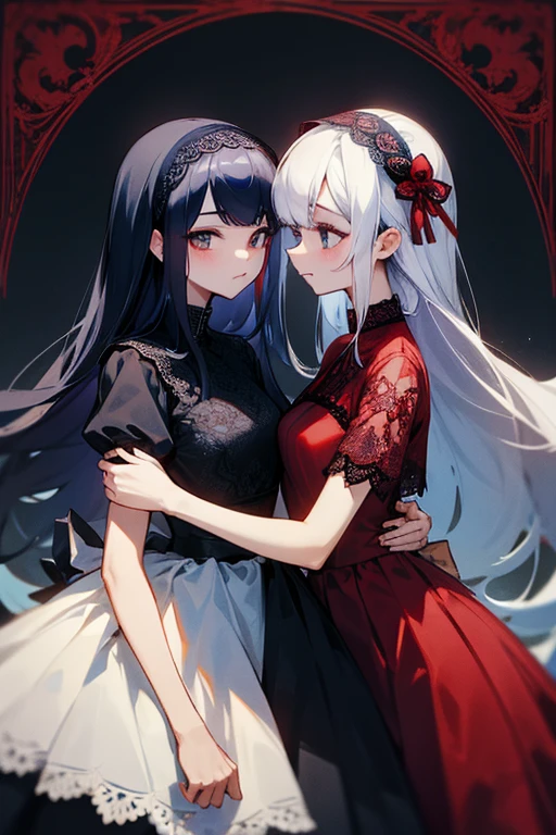 Red and navy lace dress、cute、Villainess、head band、wonderful、Sisters、2 people、2 peopleとも黒髪、