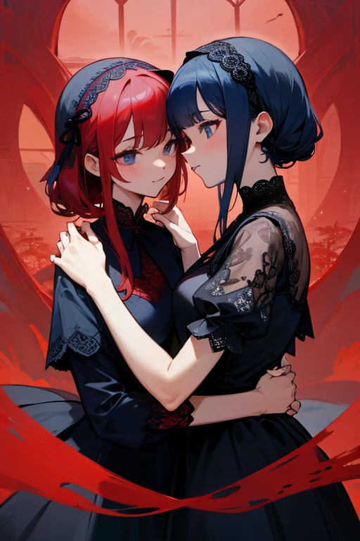 Red and navy lace dress、cute、Villainess、head band、wonderful、Sisters、2 people、2 peopleとも黒髪、
