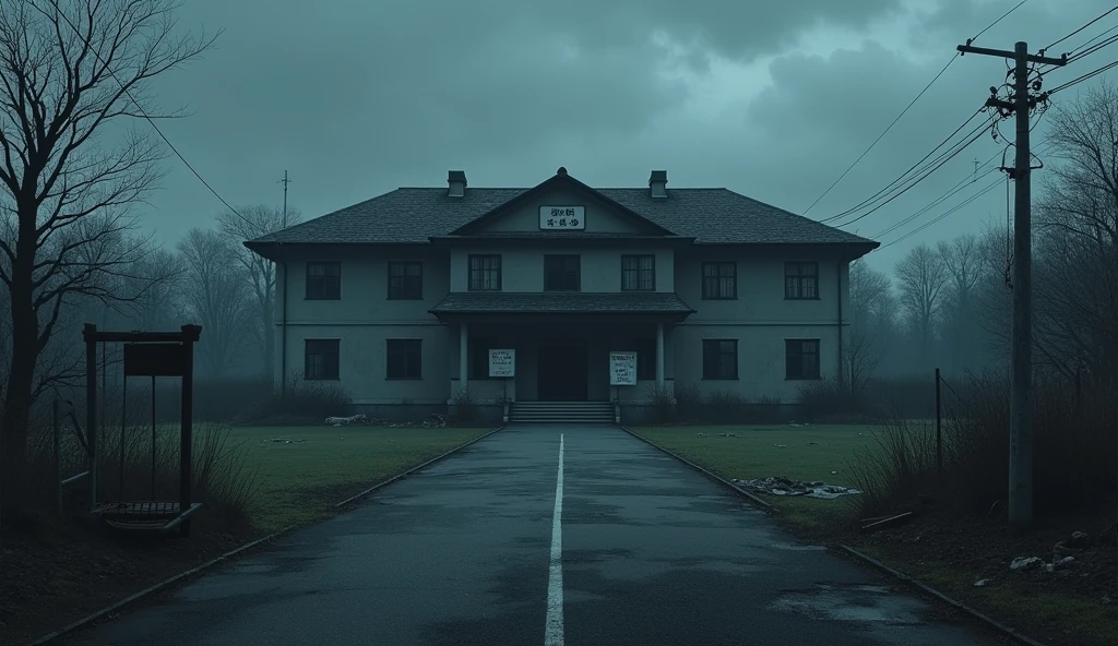 A sad japanese school abandoned who the atmospher is very dark, outside of the school views anime style