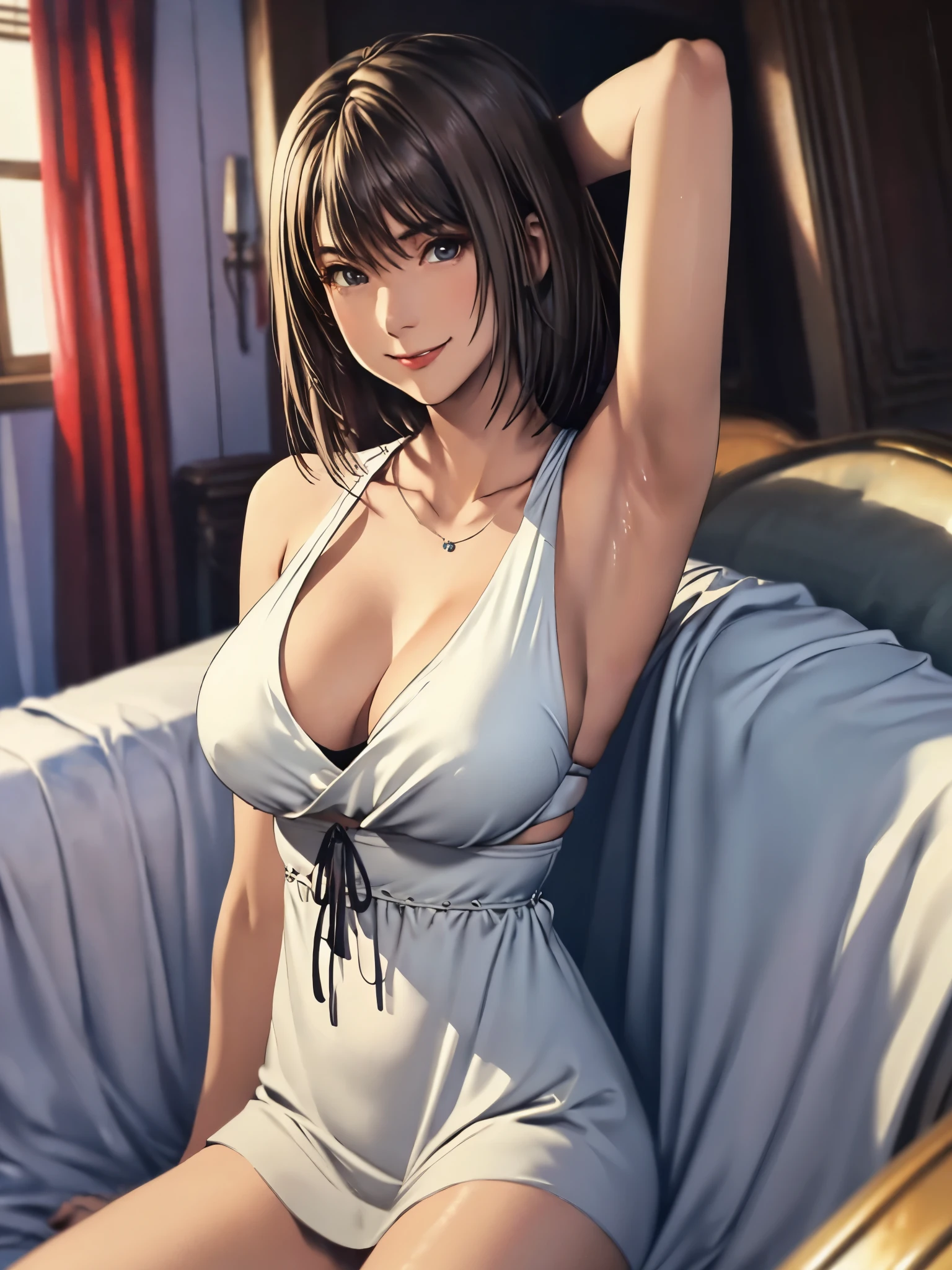 ((Armpit Show)),(Highest quality,8k,High resolution,masterpiece:1.2),Realistic,Realistic design,Very detailed,woman,Beautiful subtle smile,short hair,[Real Skin],Bedroom,erotic,Realistic pose,Spread your legs,Large Breasts,Hairy,Areola,Nipples,genital,erotic gaze,Summer beach,Your data,elegant,Palm tree background,Model pose,Soft lighting,Vibrant colors,Bokeh,Beautiful Skin,Shiny Hair,Curved body,Smooth texture,Artwork,High Fashion,confidence,Fascinating,Narrow waist,A teasing look,Mischievous Smile,ModelingI will do my best to provide you with high quality stable diffuse prompts.