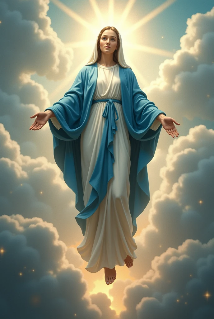 create a realistic image of Our Lady wearing blue and white clothing on the day of the “Assumption of Our Lady”, celebrated annually on August 15th, is one of the most significant dogmas of the Catholic Church. Proclaimed by Pope Pius XII in 1950, este dogma afirma than a Virgem Maria foi elevada ao céu em corpo e alma ao término de sua vida terrena. This belief reflects the purity and holiness of Mary, than, of the Assumption of Mary, who did not experience the corruption of the body after death. The Assumption is seen as a sign of hope and comfort for the faithful, indicando than todos os than seguem a Cristo também serão elevados à glória celestial. Explore the history, the theology and liturgical celebrations associated with the Assumption of Our Lady, and how this event continues to inspire the devotion and faith of Catholics around the world.