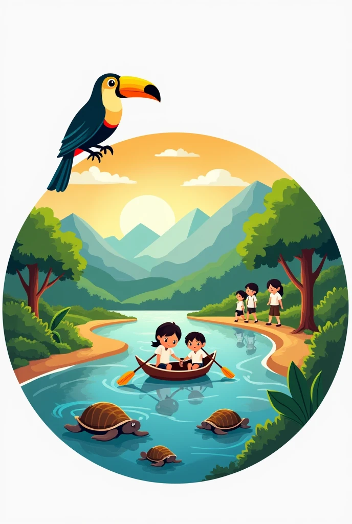 Make me a logo that has a logo in a circle, a toucan, two children crossing a river in a small boat, and on the shore there are children walking in white shirts, and there are some small mountains and some turtles below the wolf.