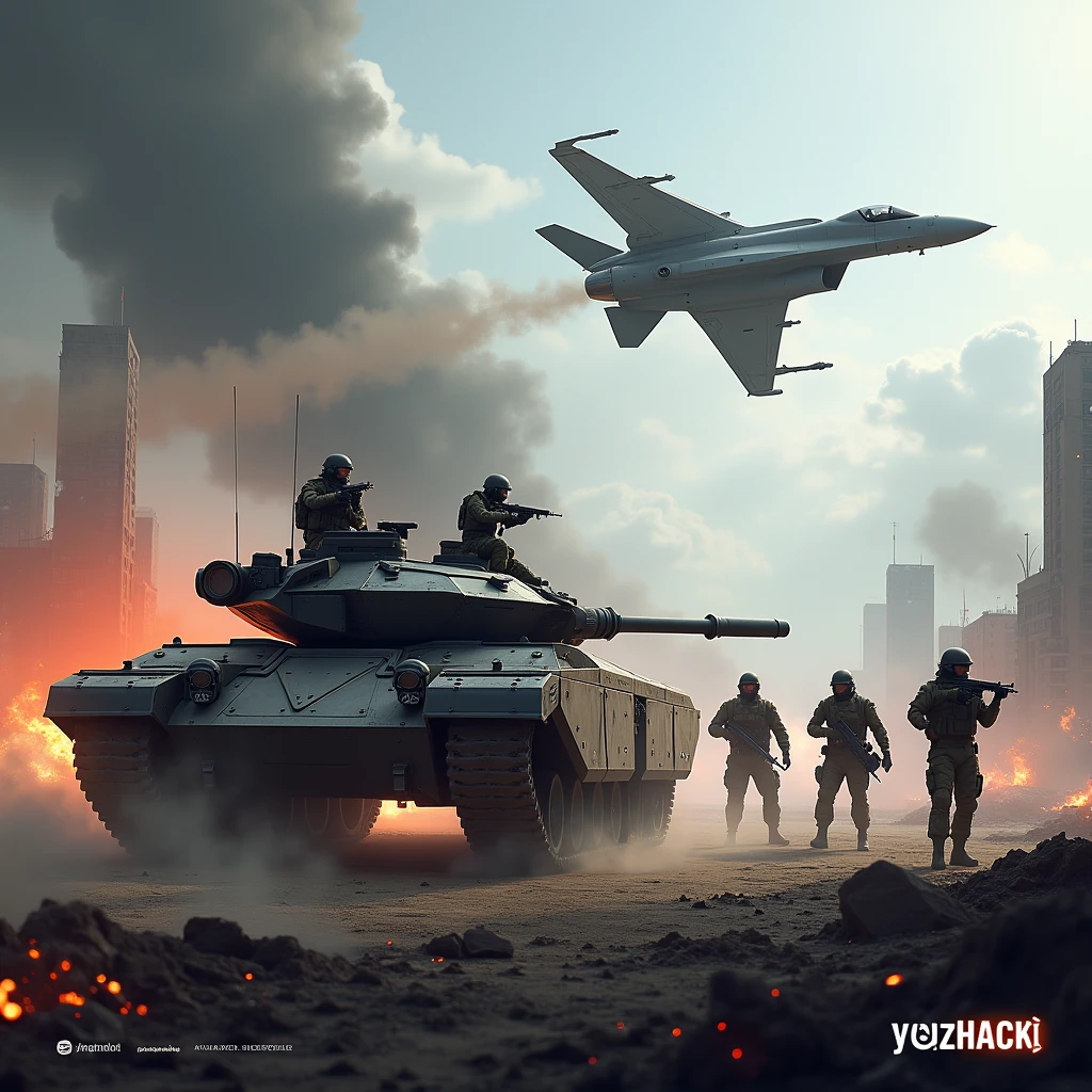 scenery must be based on Battlefield 2042 with a tank, soldiers and a jet. text written saying "yozHACKi" on bottom right corner, with a war style based. image aspect ratio must be 2:1