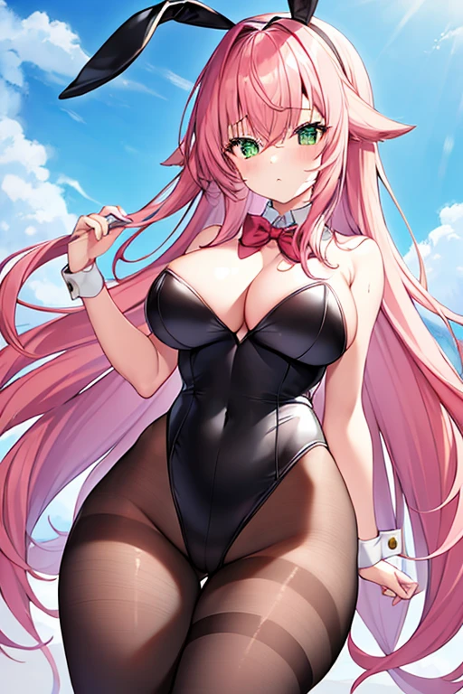 1girl, pink hair, long hair, hair over eyes, ((hair over eyes)), long bangs, ((long bangs)), green eyes, huge breasts, thick thighs, wide hips, mature female, hourglass figure, bunnysuit, rabbit ears, leotard, black leotard, bowtie, red bowtie, pantyhose, black pantyhose, shy, timid, text, number, numbers