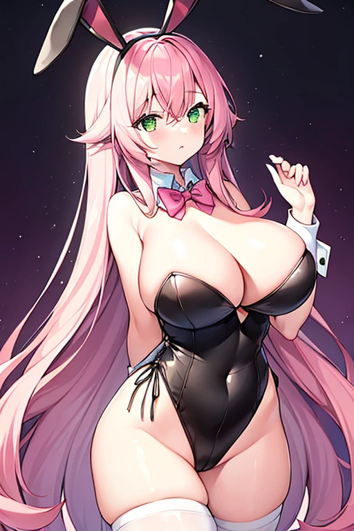 1girl, pink hair, long hair, hair over eyes, ((hair over eyes)), long bangs, ((long bangs)), green eyes, huge breasts, thick thighs, wide hips, mature female, hourglass figure, bunnysuit, rabbit ears, leotard, black leotard, bowtie, red bowtie, pantyhose, black pantyhose, shy, timid, text, number, numbers