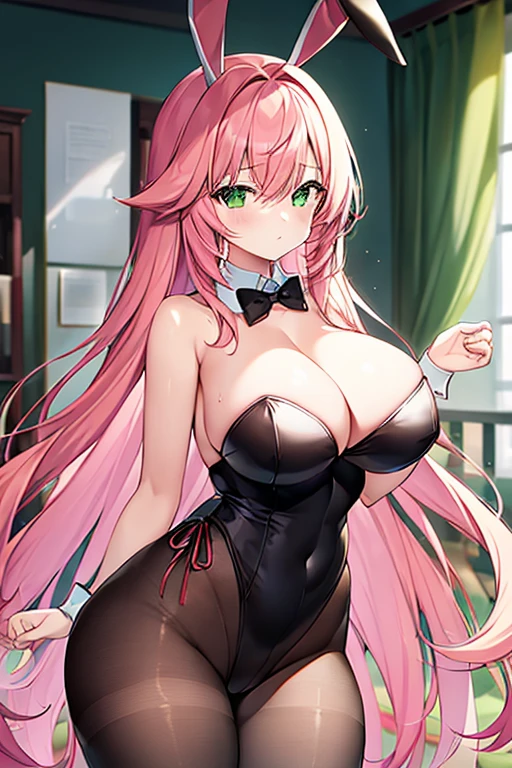 1girl, pink hair, long hair, hair over eyes, ((hair over eyes)), long bangs, ((long bangs)), green eyes, huge breasts, thick thighs, wide hips, mature female, hourglass figure, bunnysuit, rabbit ears, leotard, black leotard, bowtie, red bowtie, pantyhose, black pantyhose, shy, timid, text, number, numbers