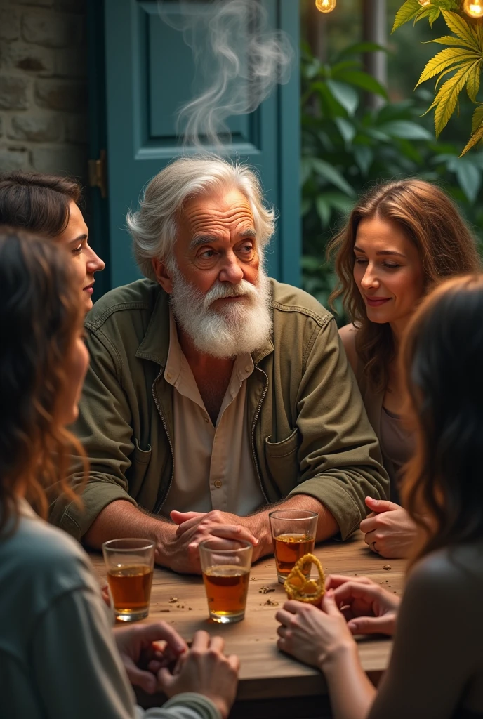 Old man smoking marijuana with some girls