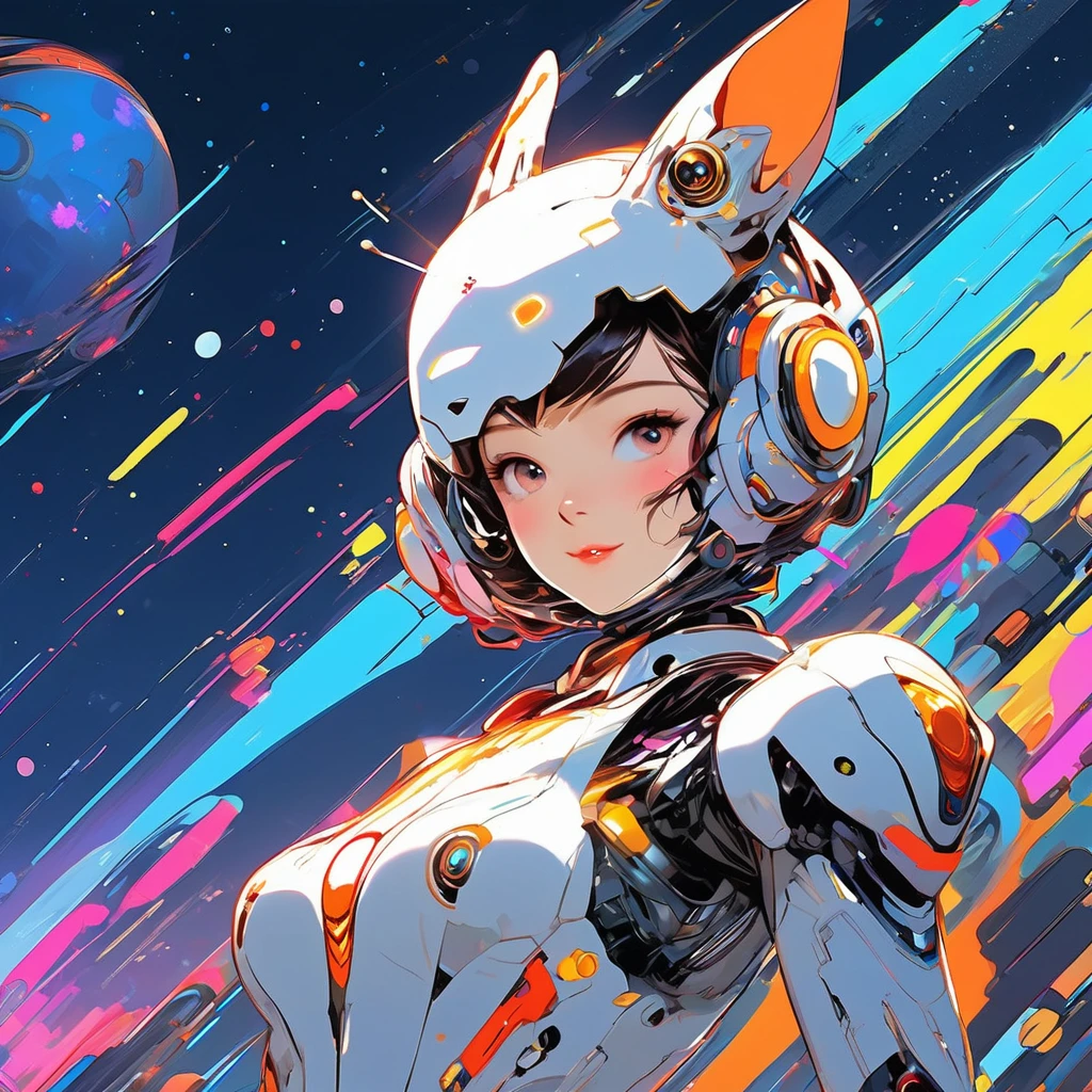 1girl, wink, short hair, dressed with flashy colors futuristic suit, robotic rabbit ears ,v pose ,space in background, detail richness, masterpiece, best quality