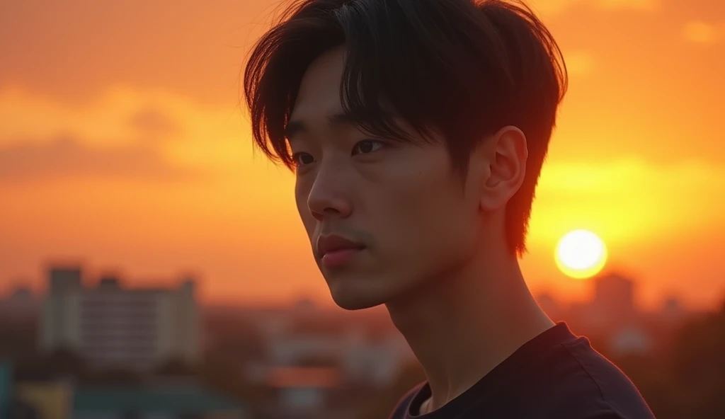 A Japanese male college student has a gloomy expression,Excited, Photo of your face, Against the backdrop of the sunset, with a natural look, With a slightly tired look, tilt your face a little, Diagonal orientation, Average face